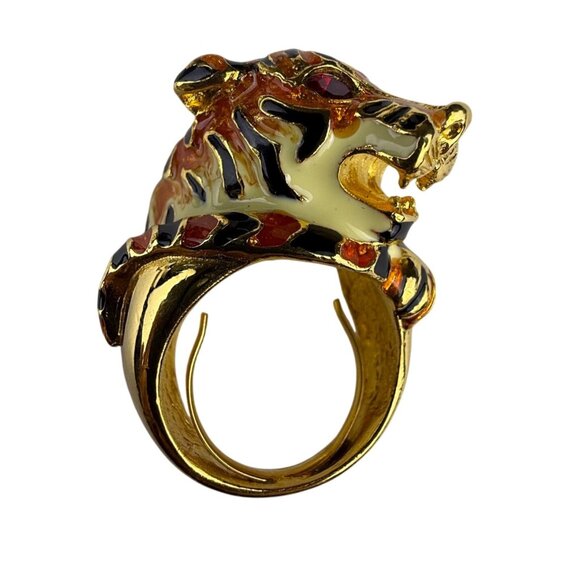 Vintage GKJ Enamel Gold Tone Adjustable Tiger Statement Ring Intricate Design - Picture 1 of 5